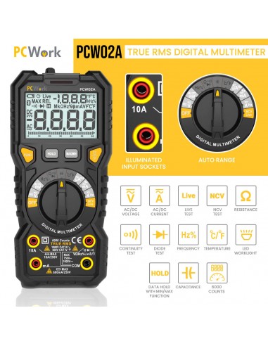 Multímetro Digital True RMS CAT III 1000V Auto, NCV, Temp