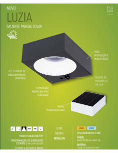 APLIQUE PAREDE QUAD.SOLAR LED 6,3W 3000K C/SENSOR PIR 1000 LUMENS IP65 PRETO 2
