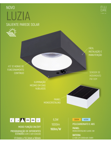 APLIQUE PAREDE QUAD.SOLAR LED 6,3W 3000K C/SENSOR PIR 1000 LUMENS IP65 PRETO