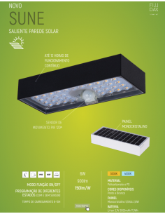 APLIQUE PAREDE RECT.SOLAR LED 6W 3000K 900 LUMENS C/SENSOR PIR IP65 PRETO 2