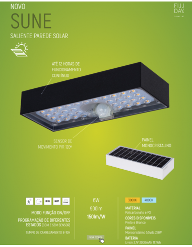 APLIQUE PAREDE RECT.SOLAR LED 6W 3000K 900 LUMENS C/SENSOR PIR IP65 PRETO