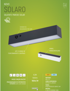 APLIQUE PAREDE RECT.SOLAR LED 6,3W 4000K 1000 LUMENS C/SENSOR PIR IP54 PRETO 2