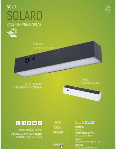 APLIQUE PAREDE RECT.SOLAR LED 6,3W 4000K 1000 LUMENS C/SENSOR PIR IP54 PRETO