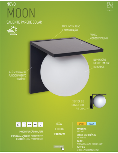 APLIQUE PAREDE QUAD.SOLAR LED 6,3W 3000K 1000 LUMENS C/SENSOR PIR IP54 PRETO